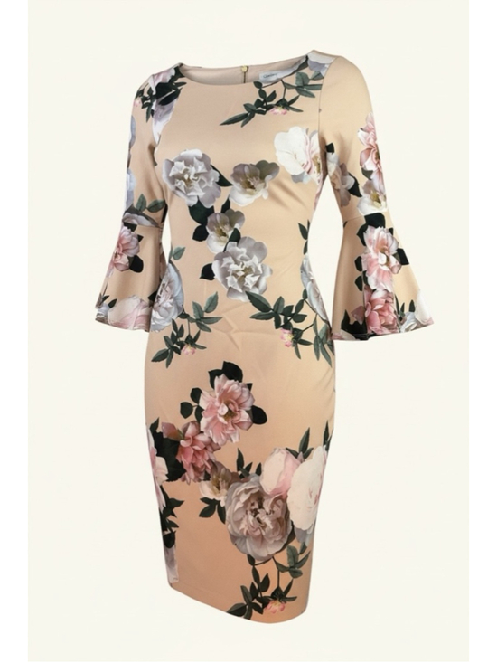Calvin Klein Dresses & Skirts - Calvin Klein Floral Dress Size 8 Beige Pink Rose Print Bell Sleeve Sheath